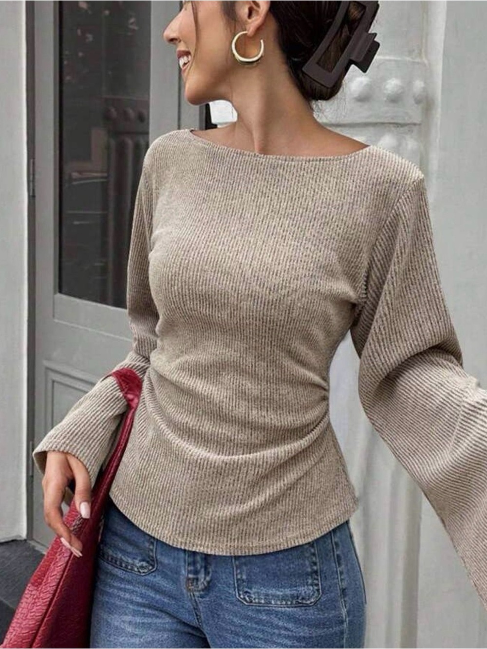 Ribbed Boatneck Long-Sleeve Sweater in Taupe